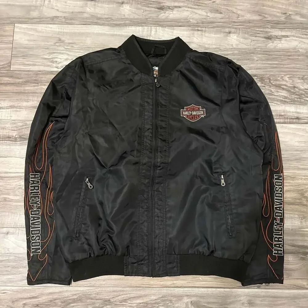 Harley-Davidson Genuine MotorClothes Black Nylon Flame Bomber Jacket Size L